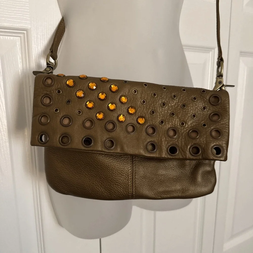 HOBO International Metallic Gold Womens Purse Crossbody Bling Leather Handbag